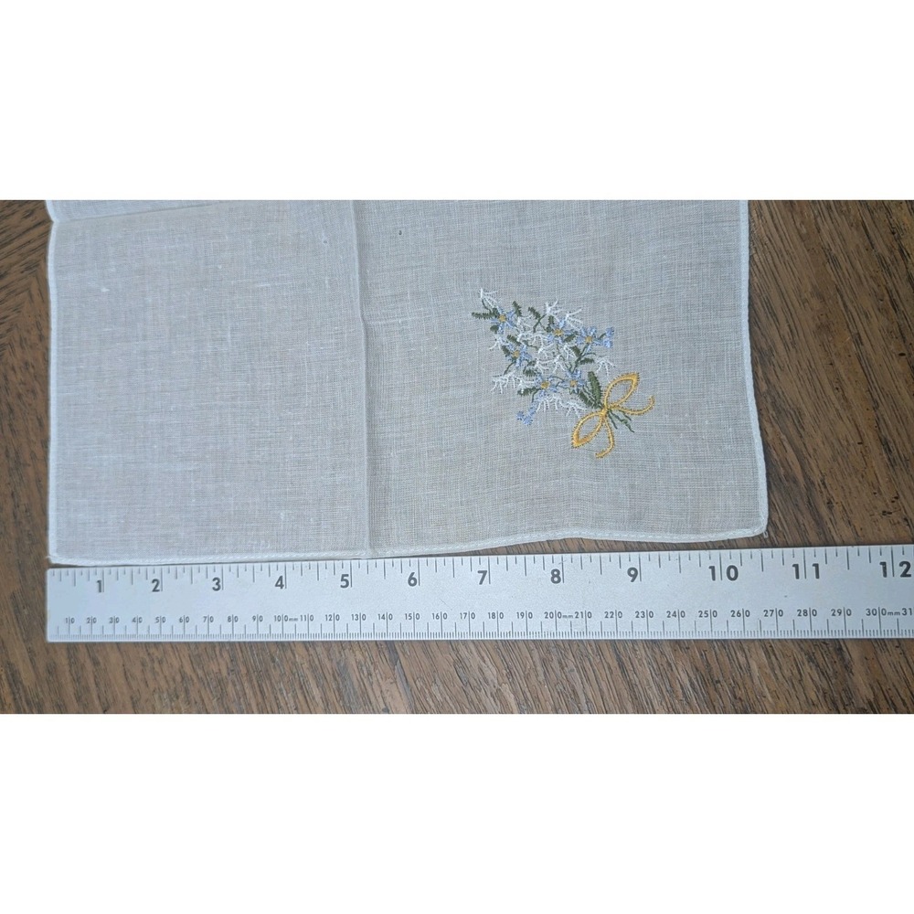 Hand Embroidered White Cotton Handkerchief Blue Flowers - Set Of 4 - - Picture 8 of 10